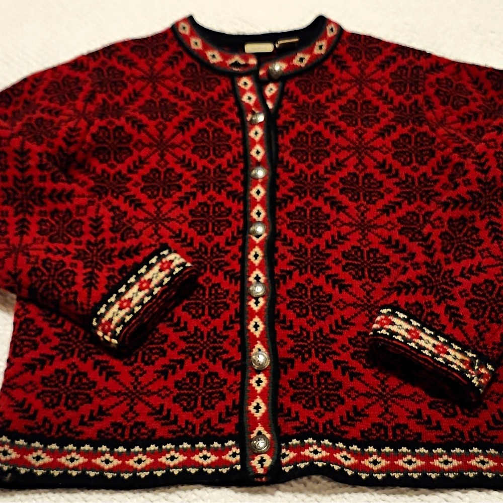 Vintage LL Bean Nordic Wool Cardigan Red Black Fair Isle Metal Button Women's M